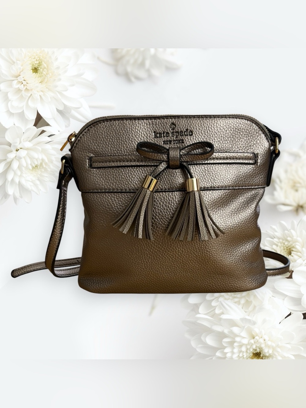 EUC Kate Spade Metallic Bronze Leather Crossbody Bag with Tassel Bow